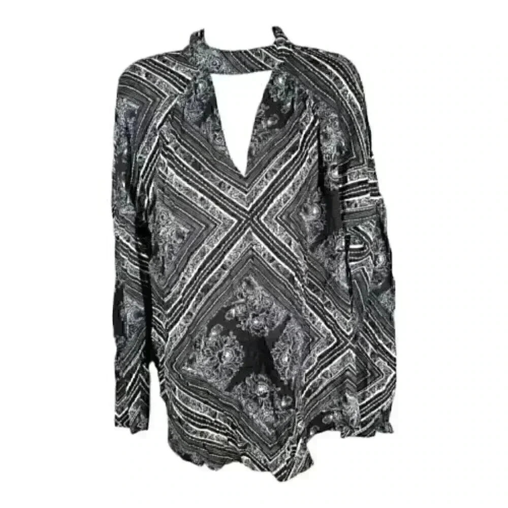 Free People Tunic Top Black XS Floral Boho Keyhole High Neck Walking On A Dream - Picture 2 of 5